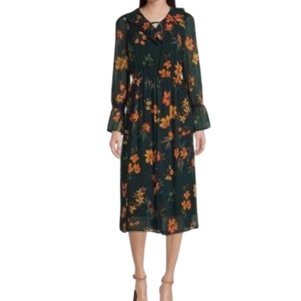 Calvin Klein Dress Womens 8 Green Floral Chiffon Sheer Ruffle Cottagecore